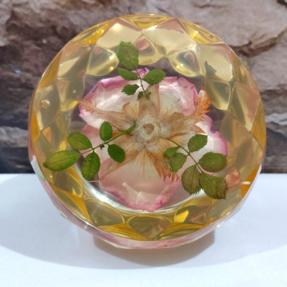 Vintage Rolfe Signed Rose Paperweight Real Flower Preserved Lucite Acrylic Facet - Picture 8 of 15